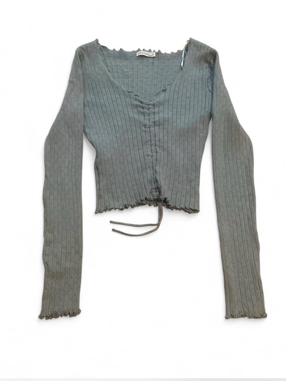 Ghanda Olive Green Ribbed V-Neck Drawstring Long Sleeve Top